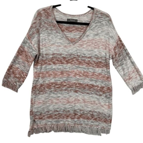 Natural Reflections Lightweight Fringe Sweater V-Neck Rust Tan Cream Size Medium - Picture 2 of 12